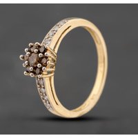 Pre-Owned 9ct Yellow Gold Cognac Diamond and Brilliant Cut Diamond Flower Cluster Ring 41383529