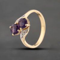 Pre-Owned 9ct Yellow Gold Amethyst and 0.12ct Brilliant Cut Diamond Twist Two Stone Ring 41383531
