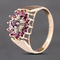 Pre-Owned 9ct Yellow Gold Ruby and 0.12ct Brilliant Cut Diamond Flower Cluster Ring 41383574
