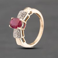 Pre-Owned 9ct Yellow Gold Ruby and 0.05ct Diamond Oval Pave Shoulders Dress Ring 41383587