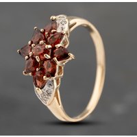 Pre-Owned 9ct Yellow Gold Garnet and Diamond Boat Shaped Cluster Ring 41383622