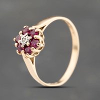Pre-Owned 9ct Yellow Gold Ruby and 0.02ct Brilliant Cut Diamond Flower Cluster Ring 41383670