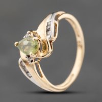 Pre-Owned 9ct Yellow Gold Peridot and Diamond Pear Shaped Shoulder Set Solitaire Ring 41383788