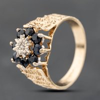 Pre-Owned 9ct Yellow Gold Sapphire and Diamond Flower Cluster Ring 41383805