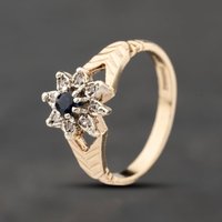 Pre-Owned 9ct Yellow Gold Sapphire and 0.03ct Diamond Flower Cluster Ring 41383877