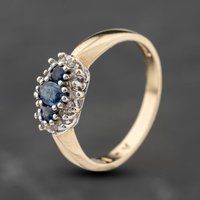 Pre-Owned 9ct Yellow Gold Sapphire and 0.10ct Diamond Boat Shaped Cluster Ring 41383893