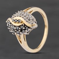 Second Hand 9ct Yellow Gold Sapphire & 0.33ct Diamond Marquise Shaped Cluster Ring 41385041