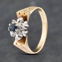 Pre-Owned 18ct Yellow Gold Sapphire and Diamond Engraved Shoulders Cluster Ring 41481769