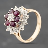 Pre-Owned 9ct Yellow Gold Ruby and 0.07ct Diamond Cluster Ring 41482321