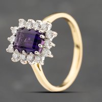 Pre-Owned 18ct Yellow Gold Amethyst and Diamond Oblong Cluster Ring 41482346