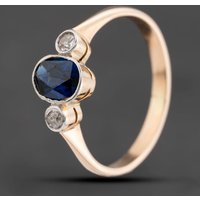 Pre-Owned 9ct Yellow Gold Synthetic Sapphire and 0.06ct Diamond Rubover Three Stone Ring 41482368