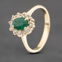 Pre-Owned 18ct Yellow Gold Emerald and Brilliant Cut Diamond Oval Cluster Ring 41482410