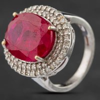 Pre-Owned 9ct White Gold Synthetic Ruby and Brilliant Diamond Large Oval Halo Ring 4148322