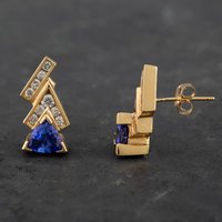 Pre-Owned 14ct Yellow Gold Tanzanite and Brilliant Diamond Abstract Stud Earrings 4165159