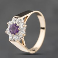 Pre-Owned 9ct Yellow Gold Amethyst and Diamond Cluster Ring 41671460
