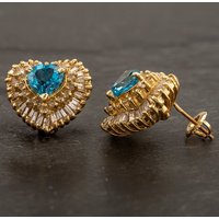 Pre-Owned 14ct Yellow Gold Diamond and Blue Topaz Heart Studs 4217026