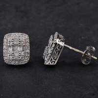 Pre-Owned 9ct White Gold 0.50ct Diamond Oblong Baguette And Brillant Stud Earrings 4317096