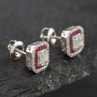 Pre-Owned 14ct White Gold 0.40ct Ruby and 0.50ct Diamond Oblong Stud Earrings 43171163