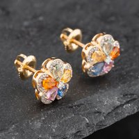 Pre-Owned 14ct Yellow Gold 1.80ct Sapphire and 0.20ct Diamond Flower Stud Earrings 43171212