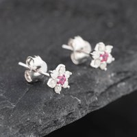 Pre-Owned 9ct White Gold Ruby and 0.24ct Diamond Flower Cluster Stud Earrings 43171238