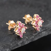 Pre-Owned 9ct Yellow Gold 0.74ct Ruby and Diamond Marquise Shape Cluster 9mm Stud Earrings 43171245