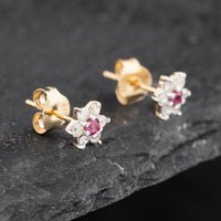 Pre-Owned 9ct Yellow Gold Ruby and 0.24ct Diamond Flower Cluster Stud Earrings 43171251