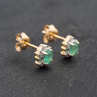 Pre-Owned 9ct Yellow Gold 0.28ct Emerald and Diamond Oval Cluster Stud Earrings 43171304