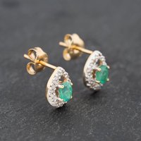 Pre-Owned 9ct Yellow Gold 0.26ct Emerald and Diamond Teardrop Cluster 8mm Stud Earrings 43171315