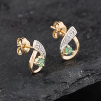 Pre-Owned 9ct Yellow Gold 0.13ct Emerald and Diamond Open Work Swirl 12mm Stud Earrings 43171318