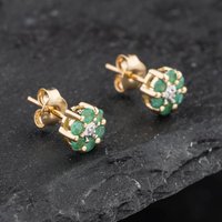 Pre-Owned 9ct Yellow Gold 0.42ct Emerald and Diamond Round Cluster Stud Earrings 43171325