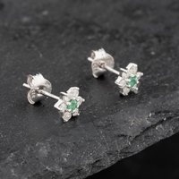 Pre-Owned 9ct White Gold 0.06ct Emerald and 0.24ct Diamond Flower Cluster Stud Earrings 43171333