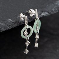 Pre-Owned 9ct White Gold Green Jade and 0.11ct Diamond 37mm Dropper Earrings 43171387