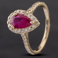 Pre-Owned 14ct Yellow Gold 1.10ct Pear Shaped Ruby and 0.40ct Diamond Halo Ring
