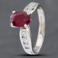 Pre-Owned 14ct White Gold Oval Cut Ruby and Brilliant Cut Diamond Set Shoulders Dress Ring 43351029