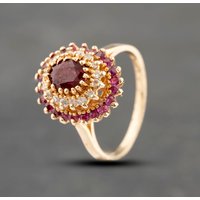 Pre-Owned 9ct Yellow Gold Ruby and 0.16ct Diamond Oval Three Tier Cluster Ring 43351033