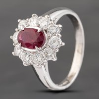 Pre-Owned Platinum 0.94ct Ruby and 0.98ct Brilliant Cut Diamond Oval Cluster Ring 43351052
