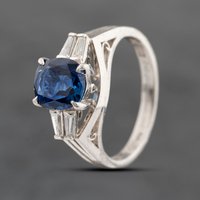 Pre-Owned Platinum Sapphire and 0.22ct Baguette Cut Diamond Oval Dress Ring 43361160