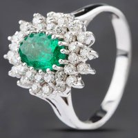 Pre-Owned 14ct White Gold 0.84ct Emerald and 0.53ct Brilliant Cut Diamond Oval Cluster Ring 4337018