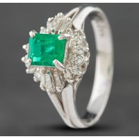 Pre-Owned Platinum 0.65ct Emerald and 0.27ct Baguette Cut Diamond Square Cluster Ring 43371005