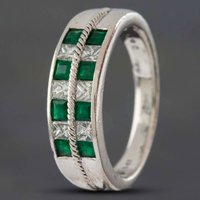 Pre-Owned Platinum 0.51ct Emerald and 0.41ct Princess Cut Diamond Two Row Ring 433715727
