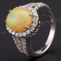 Pre-Owned 14ct White Gold Oval Cabochon Cut 2.97ct Opal and 0.80ct Diamond Ring 4338019