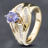 Pre-Owned 14ct Yellow Gold 0.60ct Oval Cut Tanzanite and Baguette Cut Diamond Dress Ring 43411010