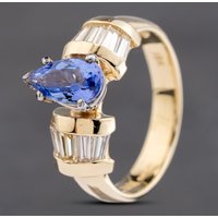 Pre-Owned 14ct Yellow Gold Pear Cut Tanzanite and 0.68ct Baguette Cut Diamond Dress Ring 43411028