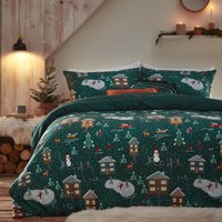 Winter Pines Pyjama Fleece Duvet Cover Set - Pine Green / Single