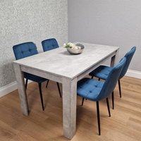 Dining Table Set Grey Wood Effect with 4 Blue Velvet Chairs - Blue