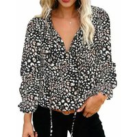 Floral Print V-Neck Long-Sleeve Blouse - Black / 100cm