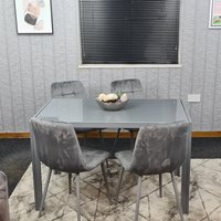 Grey Dining Table and 4 Grey Velvet Chairs - Clear Tempered Glass Top - Rectangular Table with Accent Chairs
