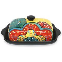 Classic Spanish Hand Painted Ceramic Butter Dish - Red Yellow Flower