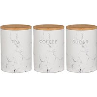 Set of 3 Ceramic White Marble Effect Tea Coffee Sugar Storage Jars - White