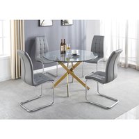 Novara Gold Metal Large Round Dining Table with Four Murano Chairs Set - Grey